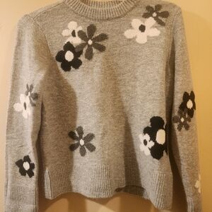 CeCe Gray Sweater with Black and White Floral Design